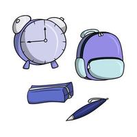 set scolastico di oggetti blu, illustrazione vettoriale in stile cartone animato su sfondo bianco