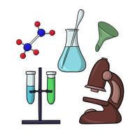 un set di icone, esperimenti chimici con un microscopio, illustrazione vettoriale in stile cartone animato su sfondo bianco