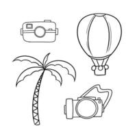 set monocromatico di icone, viaggio estivo, fotocamera e palma, illustrazione vettoriale in stile cartone animato su sfondo bianco