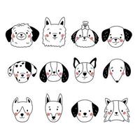 doodle facce di cani. teste di cuccioli disegnate a mano. diverse razze di cani dei cartoni animati. illustrazione vettoriale. vettore