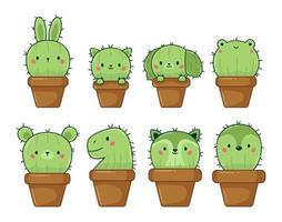 illustrazione vettoriale di set carino kawaii cactus in vasi di fiori. piante di doodle dei cartoni animati. cactus a forma di animale.