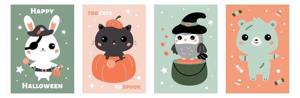 set di biglietti di auguri per la festa di halloween dei bambini. modelli di poster stampabili per la scuola materna. simpatici animali kawaii in costumi di halloween. cartone animato orso zombi, coniglietto pirata, gufo strega e gatto in zucca. vettore