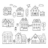 insieme vettoriale di case di doodle. illustrazione in stile cartone animato. piccola città con alberi, fiori e uccelli. linea in bianco e nero art.