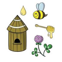 set di icone, collezione di miele, alveare in legno, fiore di ape e trifoglio, illustrazione vettoriale in stile cartone animato su sfondo bianco