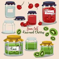 un set di marmellate di frutta in vasetti di vetro in stile cartone animato. kiwi e ciliegia con elementi di frutta. utilizzato per l'illustrazione dei bambini, la cucina, l'illustrazione del cibo. vettore
