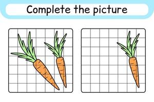 completa l'immagine carota. copia l'immagine e il colore. finire l'immagine. libro da colorare. gioco educativo di disegno per bambini vettore