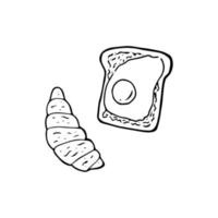 toast di avocado doodle disegnato a mano con uova e croissant. colazione. vettore