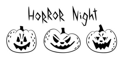 doodle set di zucche di halloween raccapriccianti e lettering schizzo di contorno notte horror vettore