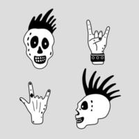 doodle teschio punk rock e gesto mano nel personaggio scheletrico stilizzato divertente vettore