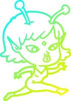linea a gradiente freddo che disegna una ragazza aliena piuttosto cartone animato in esecuzione vettore