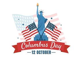 illustrazione disegnata a mano del fumetto di festa nazionale di festa nazionale di columbus felice con le onde blu, la bussola, la nave e le bandiere degli stati uniti nel fondo di stile piano vettore