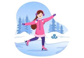 illustrazione piatta del fumetto disegnato a mano di pattinaggio su ghiaccio del divertimento invernale attività sportive all'aperto sulla pista di pattinaggio con capispalla stagionali vettore