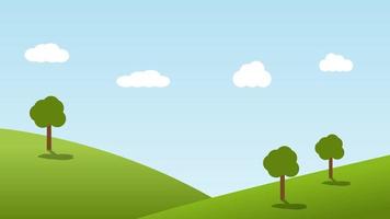 scena del fumetto del paesaggio con alberi verdi sulle colline e sullo sfondo del cielo blu estivo vettore