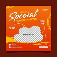 modello di banner post sui social media per la promozione del menu speciale dell'hamburger vettore