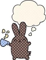 simpatico coniglio cartone animato con tazza di caffè e bolla di pensiero in stile fumetto vettore
