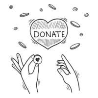 donare mano disegnato. concetto di beneficenza e donazione. mani dare e Condividere amore per le persone. mani gesto su scarabocchio stile , vettore illustrazione