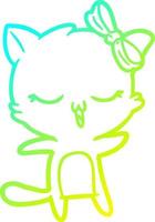 disegno a tratteggio a gradiente freddo gatto cartone animato con fiocco in testa vettore