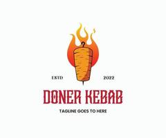 kebab logo. doner kebab nazionale Turco carne cibo pasto. carne sputare con gancio polo e caldo fuoco fiamme. vettore