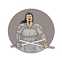 arrabbiato samurai guerriero attraversamento spade ovale disegno vettore