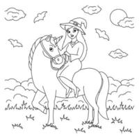 la strega cavalca un unicorno. pagina del libro da colorare per bambini. personaggio in stile cartone animato. illustrazione vettoriale isolato su sfondo bianco. tema di Halloween.