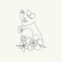 bellezza donna testa con farfalle e fiori elegante linea arte disegno illustrazione vettore