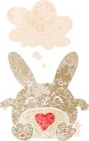 simpatico coniglio cartone animato con cuore d'amore e bolla di pensiero in stile retrò vettore