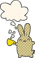 carino cartone animato coniglio potabile caffè e pensato bolla nel comico libro stile vettore