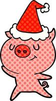 felice illustrazione in stile fumetto di un maiale che indossa il cappello di Babbo Natale vettore