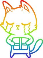 arcobaleno gradiente linea disegno piangendo cartone animato gatto che tiene il regalo di natale vettore