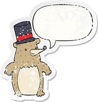 cartone animato orso nel superiore cappello e discorso bolla afflitto etichetta vettore