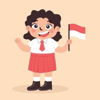 indonesiano bambini indossare uniforme rosso bianca per scuola hold indonesiano bandiera vettore