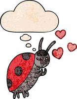 carino cartone animato coccinella nel amore e pensato bolla nel grunge struttura modello stile vettore