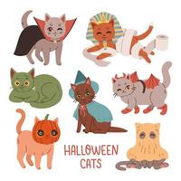 Halloween gatti costume festa. illustrazione e vettore elementi di gruppo di gatti nel Halloween costumi. vettore illustrazione