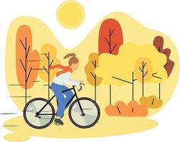 manifesto Ciao autunno. ragazza su un' bicicletta. camminare. autunno natura, parco, colline e campi, paesaggio con alberi e impianti, cielo con nuvole e caduta le foglie. vettore illustrazione.