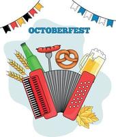 oktoberfest birra Festival impostare. birra tazza, salsiccia, tirolese cappello, pretzel, tradizionale Abiti, fisarmonica, bandiere, botte, luppolo. illustrazione o manifesto per un' vacanza. vettore