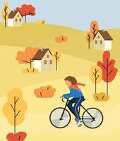 manifesto Ciao autunno. ragazza su un' bicicletta. camminare. autunno natura, parco, colline e campi, paesaggio con alberi e impianti, cielo con nuvole e caduta le foglie. vettore illustrazione.