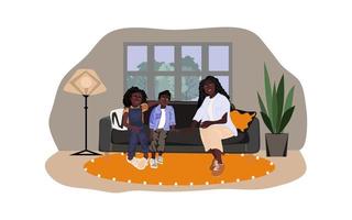 africano americano madre con bambini seduta su il divano nel il camera con moderno interno. contento sorridente africano americano famiglia. vettore piatto illustrazione