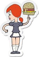 adesivo di una cameriera dei cartoni animati che serve un hamburger vettore