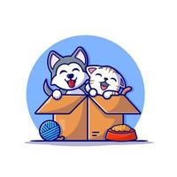 carino rauco cane con gatto nel scatola cartone animato vettore icona illustrazione. animale natura icona concetto isolato premio vettore. piatto cartone animato stile