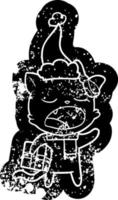 cartone animato afflitto icona di un' gatto con Natale presente indossare Santa cappello vettore