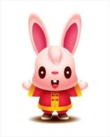 contento Cinese nuovo anno 2023. cartone animato carino lungo orecchie coniglio indossare tradizionale Cinese costume con saluto mano. anno di il coniglio. vettore coniglietto personaggio