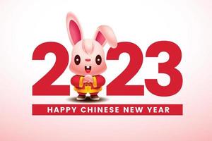 contento Cinese nuovo anno 2023. cartone animato carino lungo orecchie coniglio con saluto mano gesto In piedi nel grande 2023 numeri cartello. anno di il coniglio. coniglio zodiaco personaggio vettore