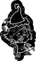 cartone animato afflitto icona di un' ragazza traino viso indossare Santa cappello vettore