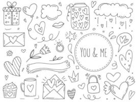 grande impostato di carino disegnato a mano scarabocchio elementi di amore. Messaggio adesivi per app. icone per san valentino giorno, romantico eventi e nozze. vettore