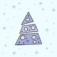 un albero di natale disegnato a mano. illustrazione vettoriale colorata in stile doodle. umore invernale. ciao 2023. buon natale e felice anno nuovo. albero blu con giocattoli su uno sfondo con fiocchi di neve.