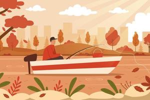 uomo pesca su il barca durante autunno vettore