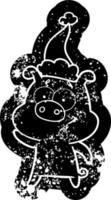felice cartone animato icona angosciata di un maiale che indossa il cappello di Babbo Natale vettore