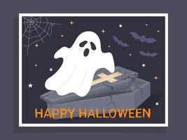 contento Halloween carta disegni con carino fantasma e bara vettore