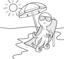 colorazione pagina. contento polpo con bicchieri sotto un ombrello su il spiaggia vettore