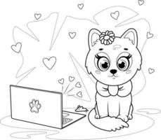colorazione pagina. carino cartone animato gatto seduta vicino il computer portatile vettore